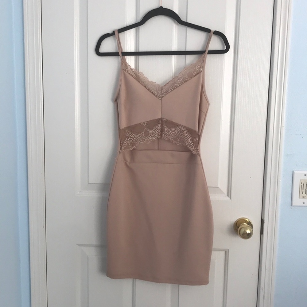 blush open front lace dress